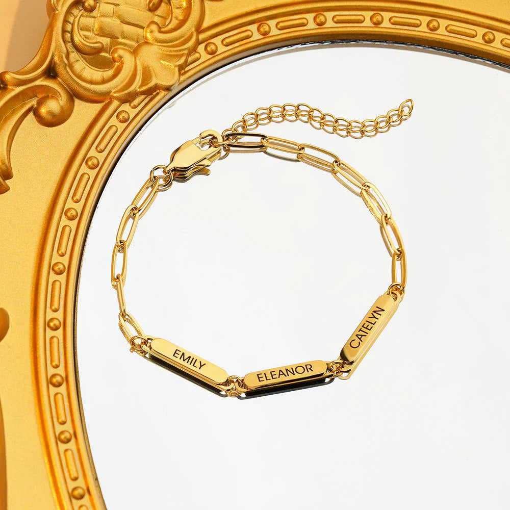 Personalized Family Name Bar Bracelet Engraved Charm with a Dainty Paperclip Chain
