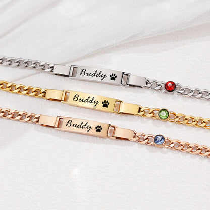 Engraved Pet Paw Name Birthstone Bracelet - Personalized Stainless Steel Bracelet